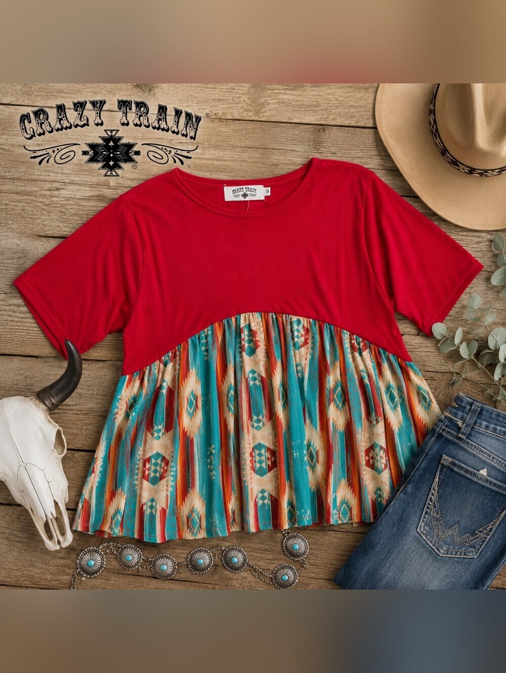 NWT Crazy Train Red Colorblock Southwestern Aztec Western Babydoll Size Medium